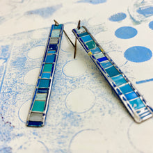 Load image into Gallery viewer, Fenced &amp; Folded Blues Rectangle Tin Earrings