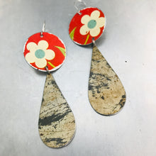 Load image into Gallery viewer, Vintage White Flowers on Red Long Teardrops Tin Earrings