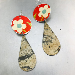 Vintage White Flowers on Red Long Teardrops Tin Earrings