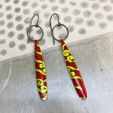 Load image into Gallery viewer, Scarlet with Golden Dragon Long Teardrops Upcycled Tin Earrings