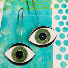 Load image into Gallery viewer, Protective Green Eye Upcycled Tin Earrings