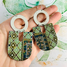 Load image into Gallery viewer, Vintage Golden Harlequins on Sage Chunky Horseshoes Zero Waste Tin Earrings