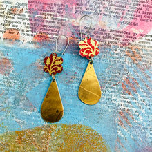 Load image into Gallery viewer, Red Flowers &amp; Bronze Teardrops Upcycled Teardrop Tin Earrings