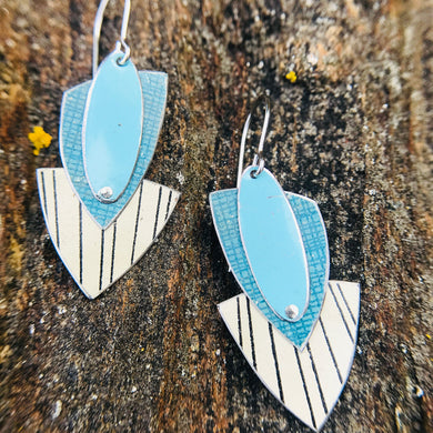 Teal & Cream Reuleaux Triangle Upcycled Teardrop Tin Earrings