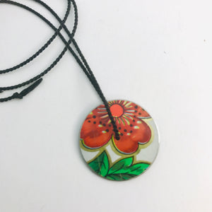Vintage Orange-y Flower & Green Leaf Circle Upcycled Tin Flip-Flop Necklace