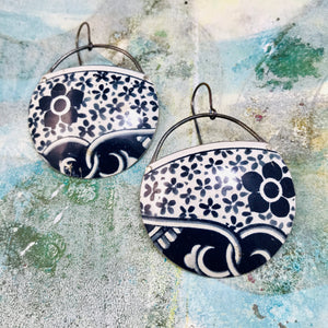 Midnight Blue Tiny Flowers Circles Upcycled Tin Earrings