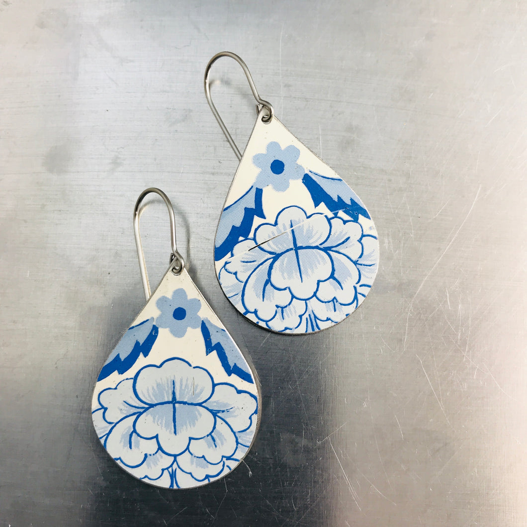 Blue Blossoms on White Upcycled Teardrop Tin Earrings