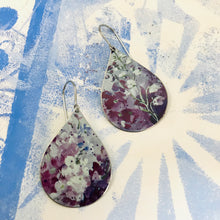 Load image into Gallery viewer, Purple &amp; White Lupines Upcycled Teardrop Tin Earrings