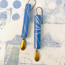 Load image into Gallery viewer, Cornflower Blue Rectangles &amp; Golden Droplets Tin Earrings