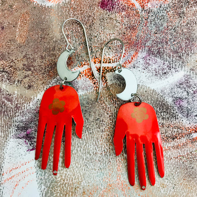 Bright Red Little Hands White Moons Talisman Zero Waste Tin Earrings