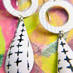 Mixed Black & White Patterns Upcycled Vintage Tin Long Teardrops Earrings