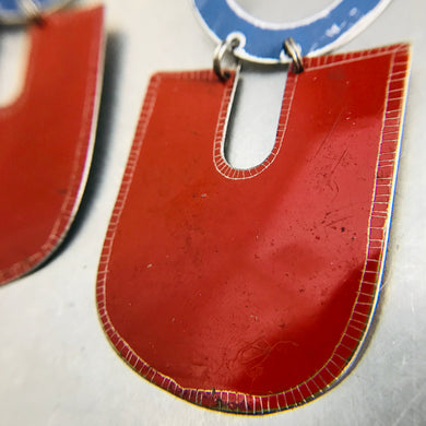 Deep Red & Cornflower Chunky Horseshoes Zero Waste Tin Earrings