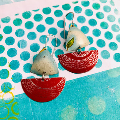 Red Spirograph and Clouds Little Sailboats Tin Earrings