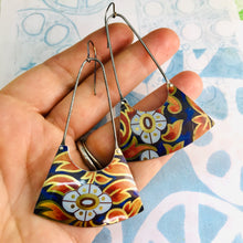 Load image into Gallery viewer, Fiery Leaves on Deep Cobalt Recycled Tin Earrings