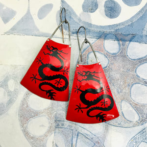 Chinese Dragons on Red Upcycled Tin Fans Earrings