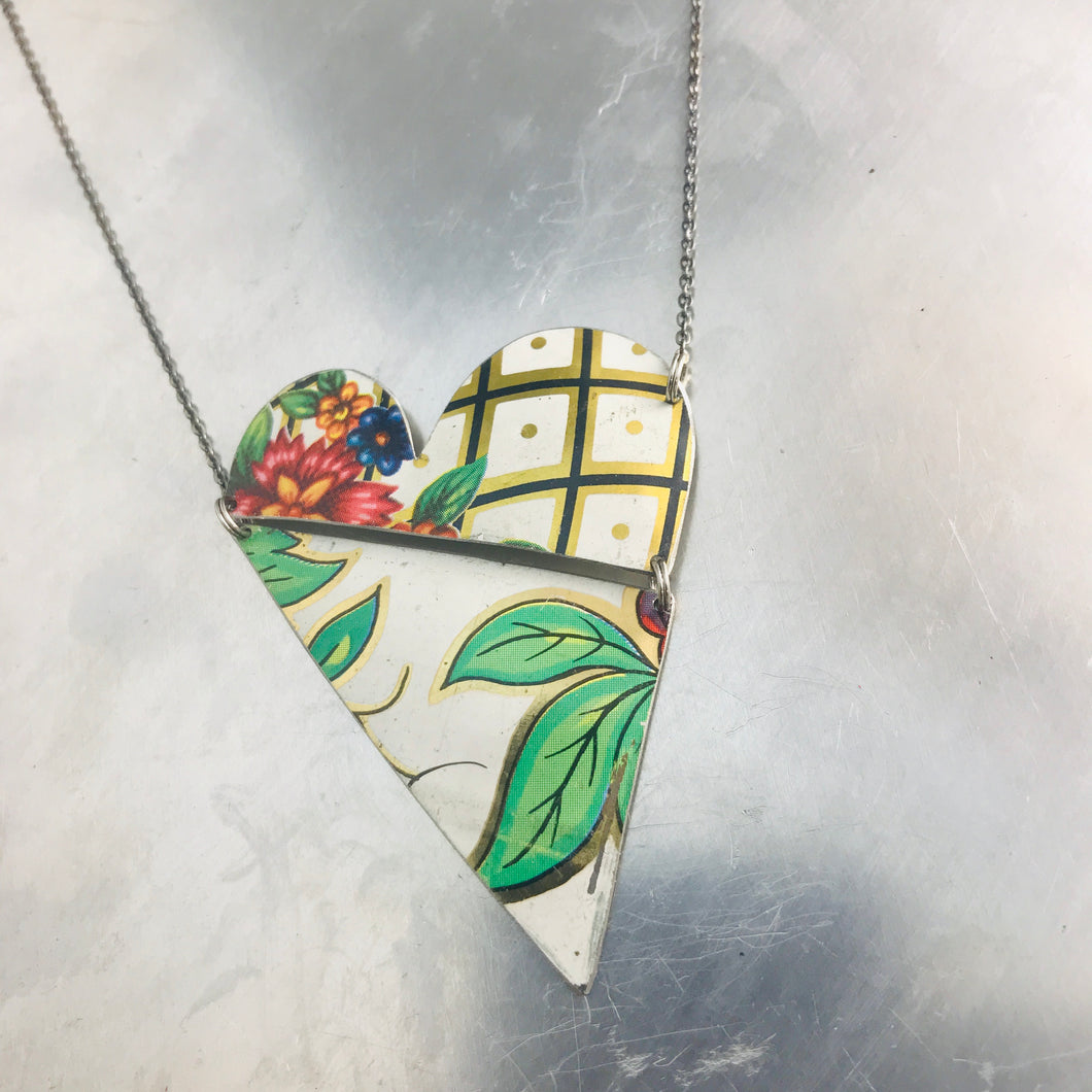 Vintage Leaves and Lattice Angled Tin Heart Recycled Necklace