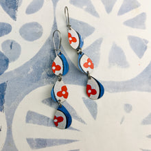 Load image into Gallery viewer, Red Flower on White &amp; Blue Tri-Teardrop Upcycled Tin Earrings