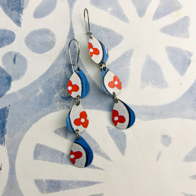 Red Flower on White & Blue Tri-Teardrop Upcycled Tin Earrings