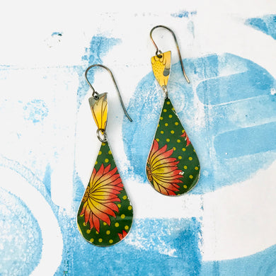 Bright Orange Flowers Green Polka Dot Teardrops Tin Earrings
