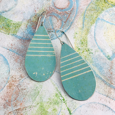 Soft Aqua White Lines Upcycled Teardrop Tin Earrings
