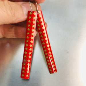 Tiny Gold Stars on Bright Red Long Rectangle Tin Earrings