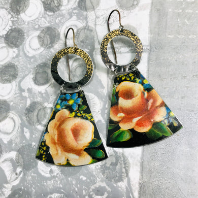 Red Roses on Midnight Small Fans Tin Earrings
