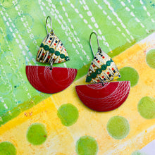 Load image into Gallery viewer, Red Spirograph and Vintage Dots Little Sailboats Tin Earrings