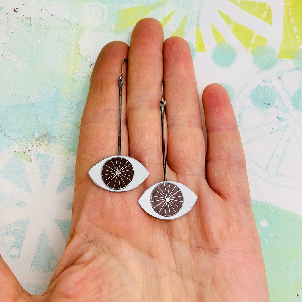 RESERVED Protective Brown Eyes Upcycled Tin Earrings