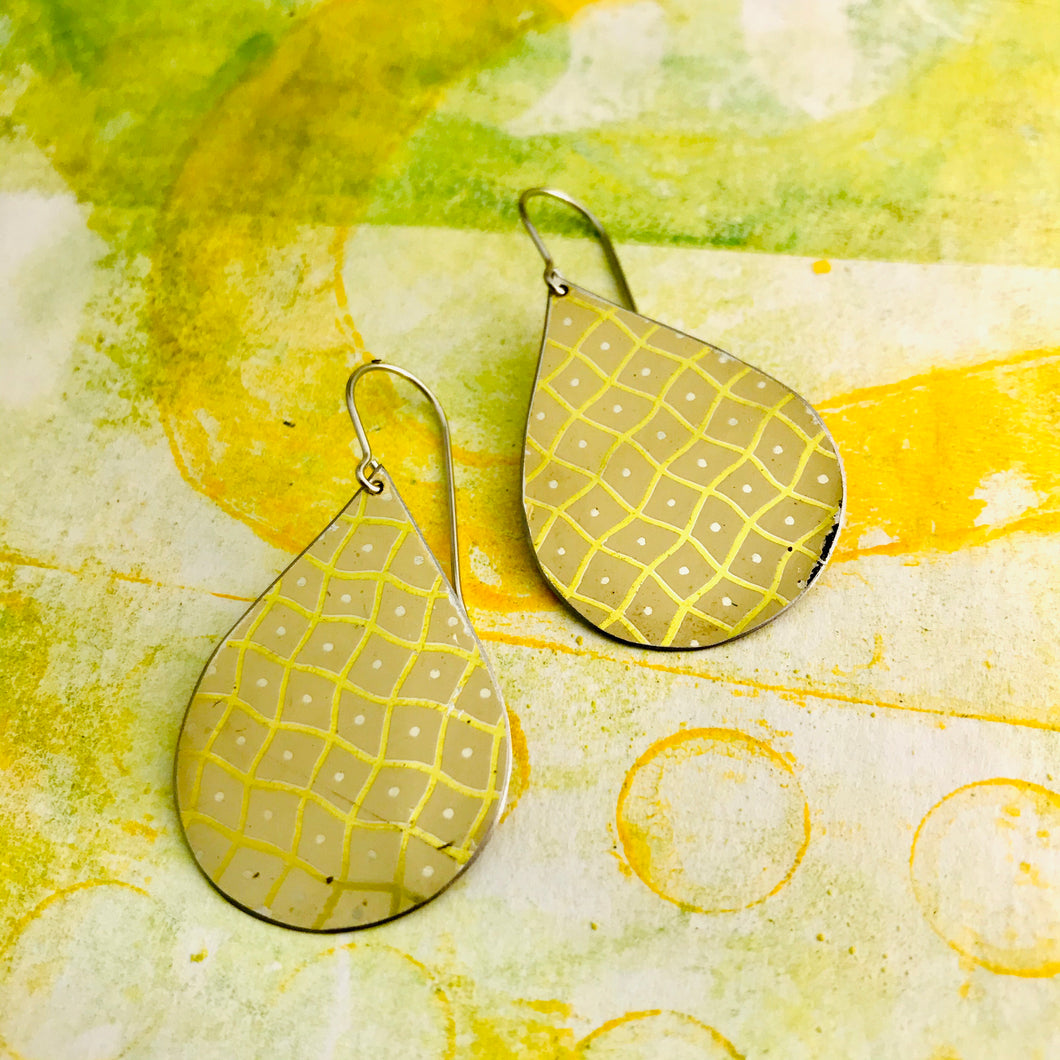 Wavy pale Yellow Checkerboard  Upcycled Teardrop Tin Earrings