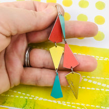 Load image into Gallery viewer, Gold, Turquoise &amp; Coral Small Narrow Kites Recycled Tin Earrings