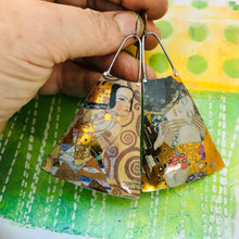 Load image into Gallery viewer, Klimt The Kiss Upcycled Tin Long Fans Earrings
