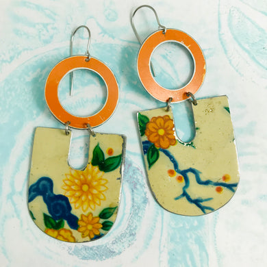 Vintage Orange Flowers Chunky Horseshoe Tin Earrings