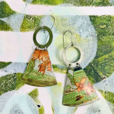Vintage Green & Oranges Small Fans Tin Earrings