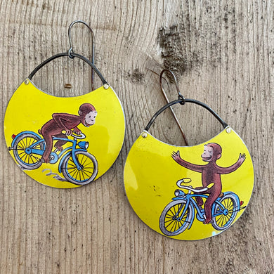 Playing on the Bike Curious George Circles Upcycled Tin Earrings