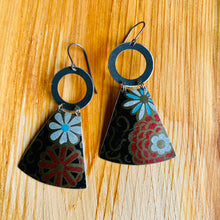 Load image into Gallery viewer, Stylized Flowers on Midnight Small Fans Tin Earrings