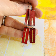 Load image into Gallery viewer, Deep Rich Red &amp; Gold Leaf Recycled Tin Earrings