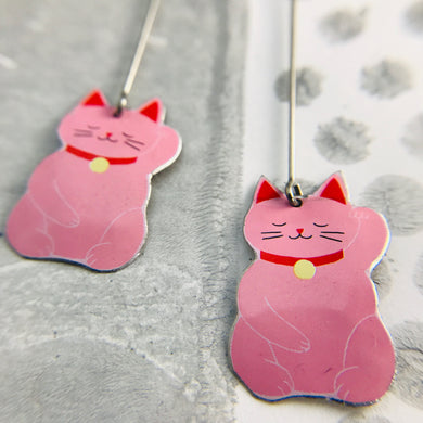 Little Lucky Cats in Pink Upcycled Tin Earrings