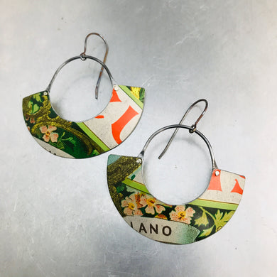 Pink Flowered Biscotti Half Moon Recycled Tin Earrings 30th Birthday Gift