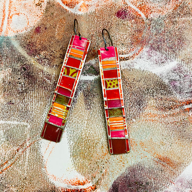 Fenced & Folded Mixed Reds Rectangle Tin Earrings