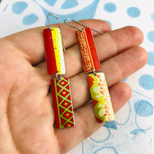 Load image into Gallery viewer, Mixed Red &amp; Gold Patterns Rectangles Tin Earrings