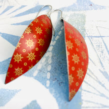 Load image into Gallery viewer, Vintage Red with Antique Gold Upcycled Tin Leaf Earrings
