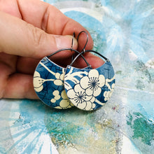 Load image into Gallery viewer, Plum Blossoms on Blue Jean Circles Upcycled Tin Earrings