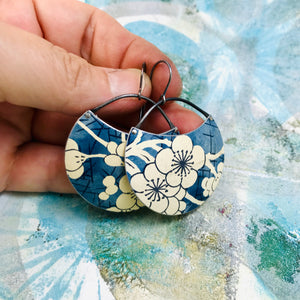 Plum Blossoms on Blue Jean Circles Upcycled Tin Earrings