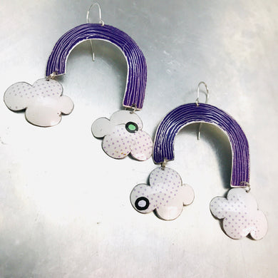 Purple Etched Rainbows with Dotty Clouds Upcycled Tin Earrings