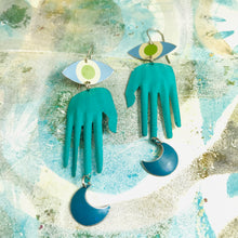 Load image into Gallery viewer, Teal Hand &amp; Blue Moon Talisman Zero Waste Tin Earrings