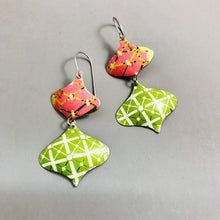 Load image into Gallery viewer, Pink and Green Lattice Rex Ray Zero Waste Tin Earrings