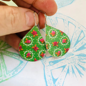 Tiny Roses & Doilies Upcycled Teardrop Tin Earrings