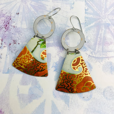 Golden Filigree on Orange Small Fan Tin Earrings