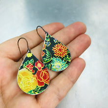 Load image into Gallery viewer, Bright Flowers on Midnight Upcycled Teardrop Tin Earrings