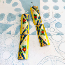 Load image into Gallery viewer, Vintage Red Blossoms in White Triangles Rectangles Tin Earrings